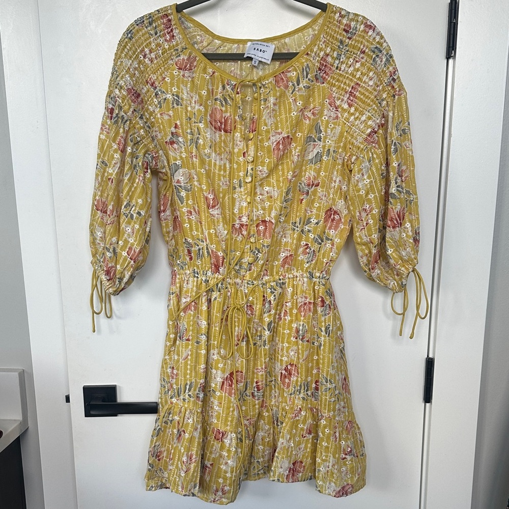 SABO Skirt Floral Yellow Dress with Drawstring Waist